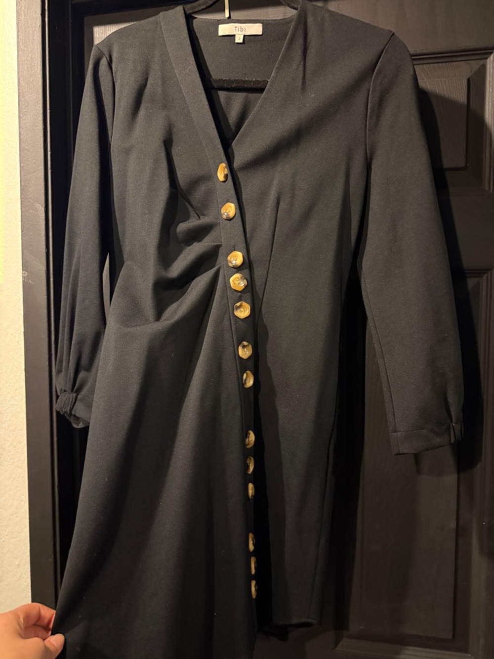 Tibi Black Long-Sleeve V-Neck Dress with Gold Buttons